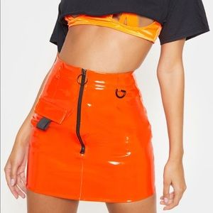 NEW WITH TAGS - Neon Orange Vinyl Mini Skirt